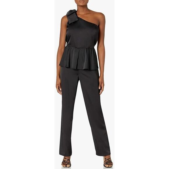 One-Shoulder Silky Stretch Jumpsuit with Peplum Flounce- The Drop,  Black XS - Picture 2 of 5
